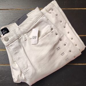 GAP WOMEN'S STUDDED WHITE HIGH RISE WIDE LEG DENIM